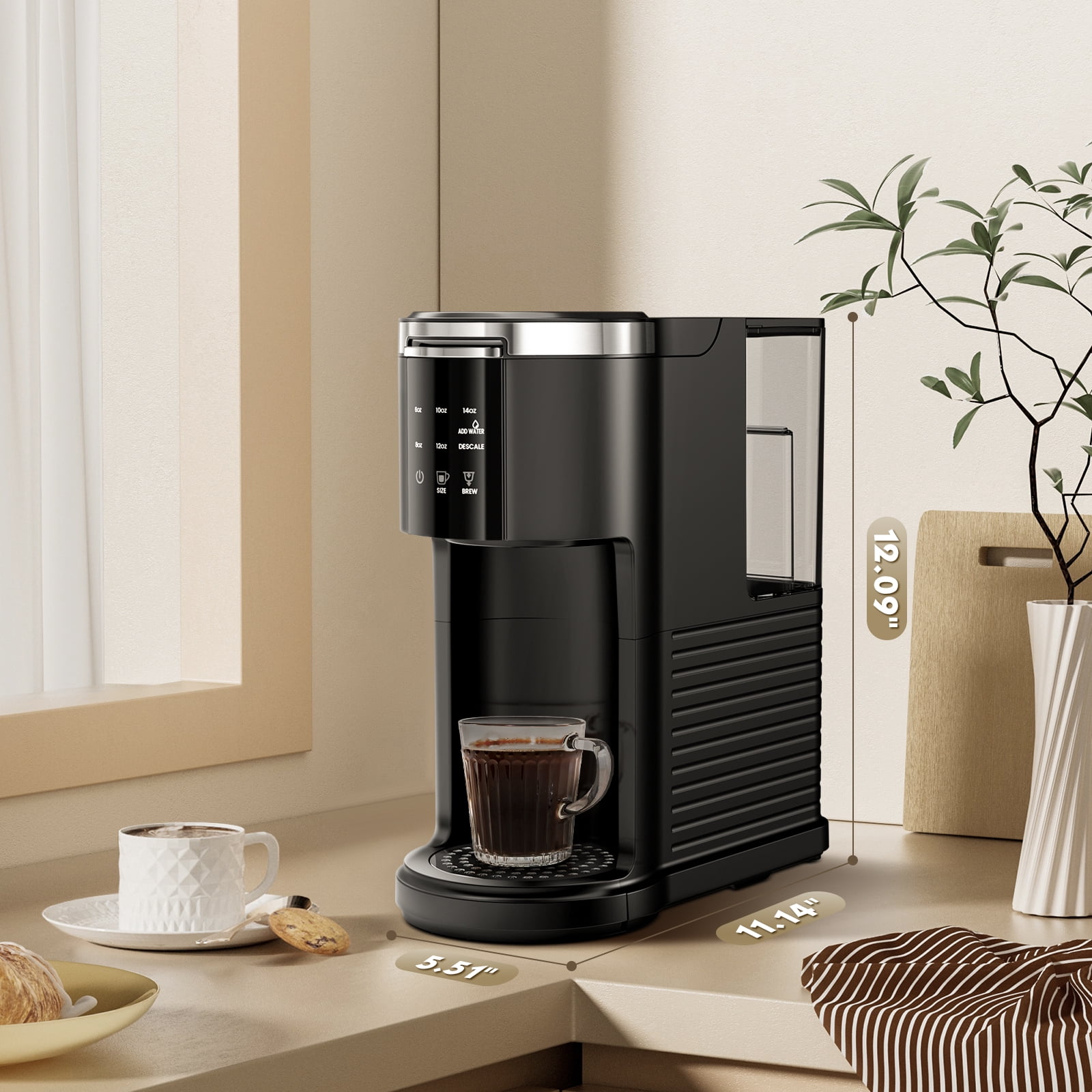 Moifoi Coffee Maker 2-in-1 Single Serve Coffee Machine, for K-Cup Coffee Capsule Pod, Ground Coffee Powder Brewer, Black