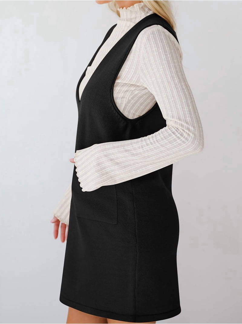 Women'S V Neck Sleeveless Knitted Solid Short Sweater Dress with Pockets  Black XL - Walmart.com