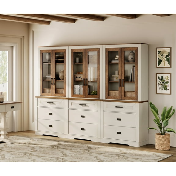 WAMPAT 3 Column 3 Tier Bookcase with Drawer,73.3" Tall Floor Standing Bookshelf,Modern Farmhouse Display Storage Cabinet with Adjustable Shelves and Glass Door for Home Office,Living Room,White Oak