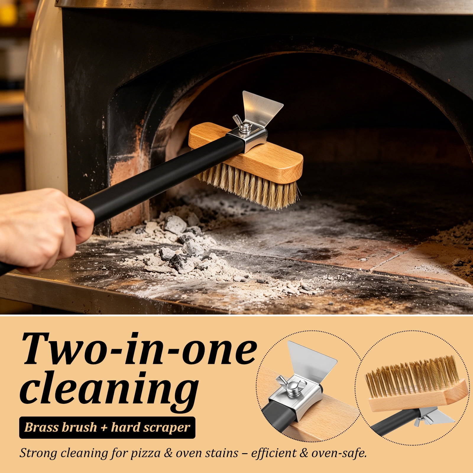Pizza Oven Brush with Scraper Pizza Stone Cleaning Brush with Brass Bristles Barbecue Grill Cleaning Tool for Kitchen Baking