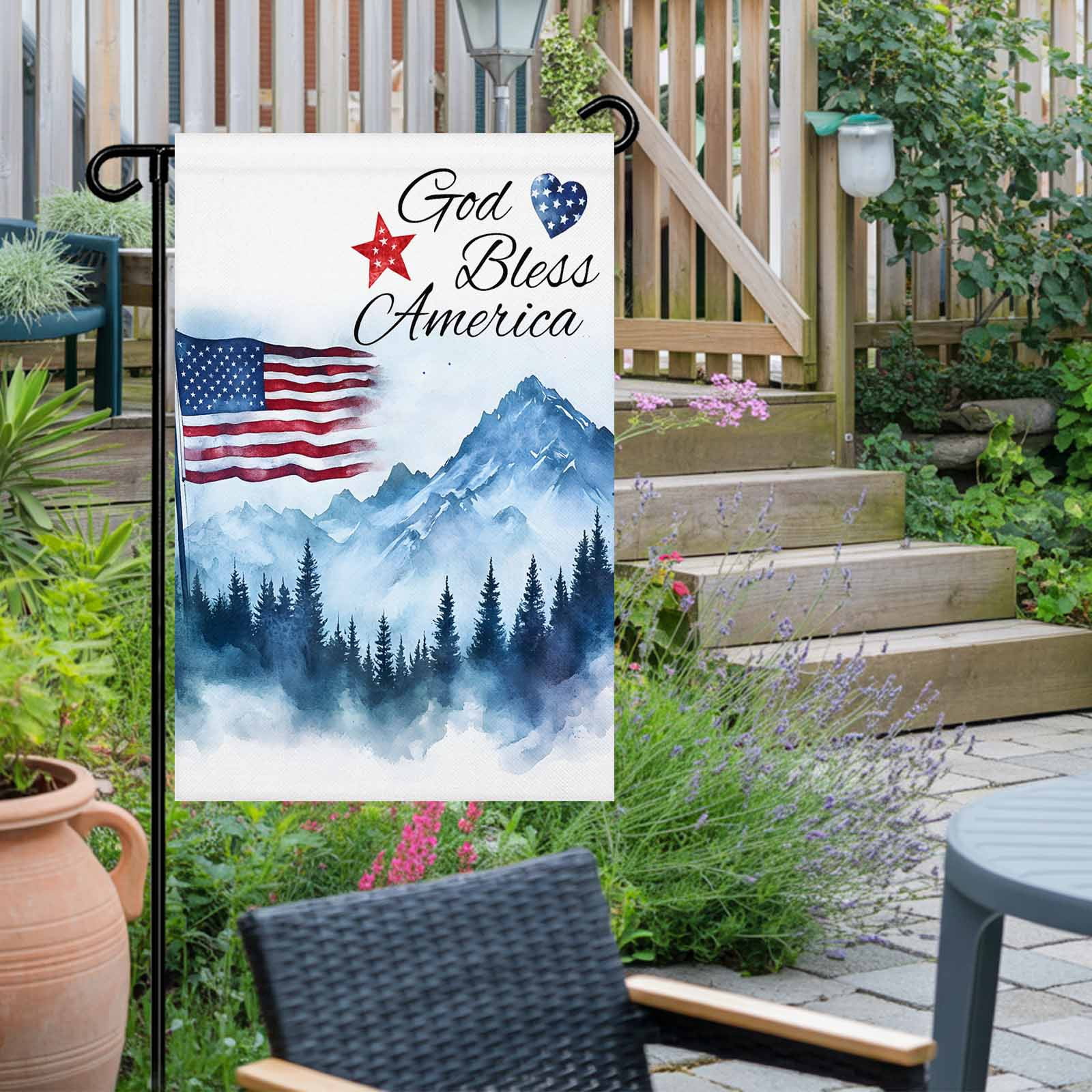 Independence Day Garden Flag 28x40 Inch God Bless American Mountains Double Sided Small Decorative Garden Flags for Outside, Outdoor Yard Porch Lawn Decoration