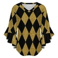 thumbnail image 5 of Black And Gold Harlequin Women's V-Neck Blouse With 3/4 Ruffled Bell Sleeves Casual Top Ladies Blouses, 5 of 7