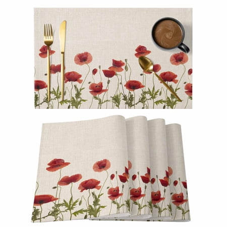 Red Spring Floral Placemats Set of 6 Farmhouse Flowers Elegant Pastoral Rustic Placemats for Dining Table Place Mats for Kitchen Tabletop Waterproof Wipeable Dining Table Mats Set
