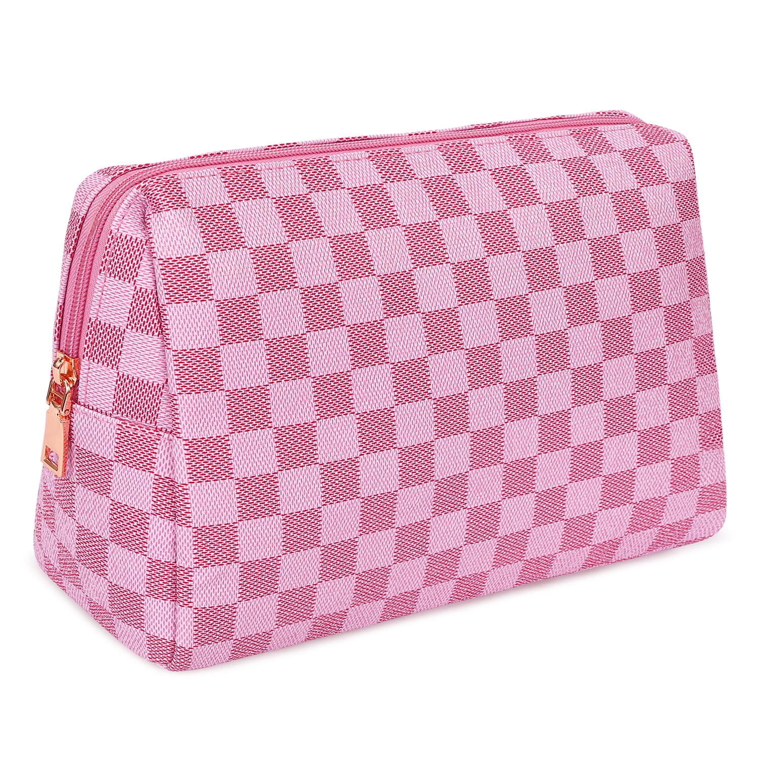 Travel Makeup Bag for Women Pink Checkered Cosmetic Pouch Vegan Leather ...