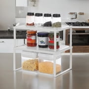 LEDREM Metal Cabinet Shelf Organizers, Set of 2 Stackable & Expandable Shelf Risers, Heavy-Duty Countertop Storage for Kitchen, Cupboard, White
