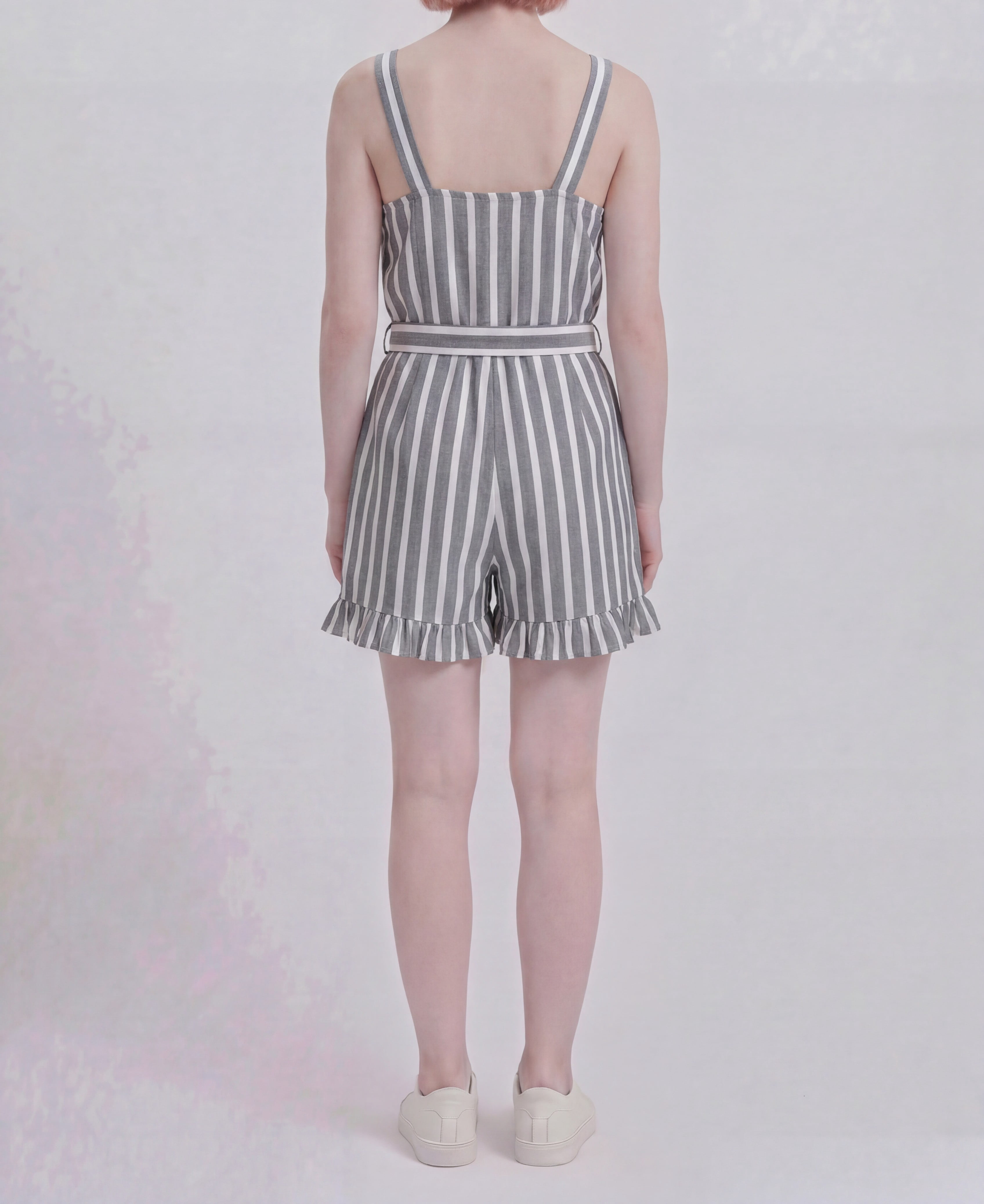 Millenium Womens Printed Sleeveless belted ruffle hem romper