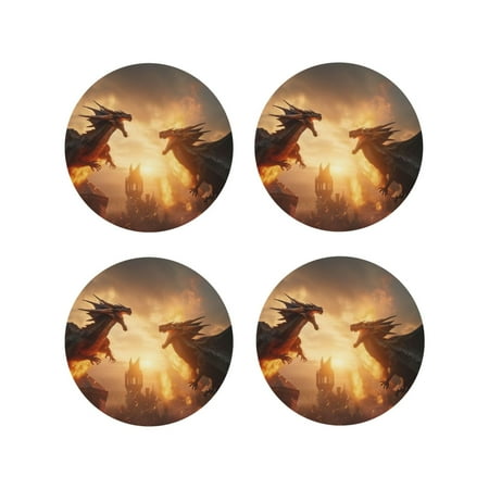 

Tideii Castle Cool Fire Dragon for Leather Coasters 4 Pieces Anti-fouling and Anti-scalding Decorative Coasters Suitable for Restaurants Kitchens Coffee Shops-Round Shape