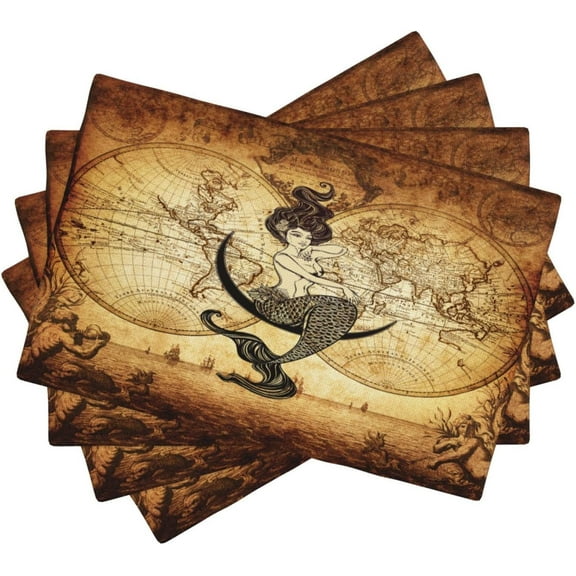 Vintage Mermaid Map Placemats, Old 70s Nautical Pirate World Map Print Washable Fabric Placemats Table Kitchen Dining Party 12x18 Inch Set of 4