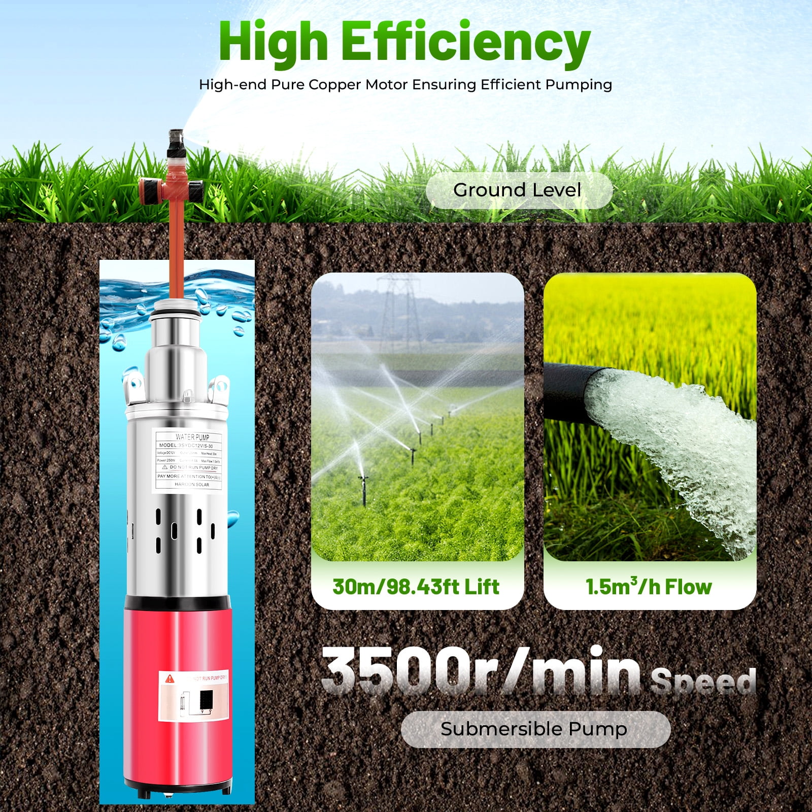 DC 12V Solar Submersible Pump Deep Well Water DC Pump Stainless Steel 1500L/H for Farmland Irrigation