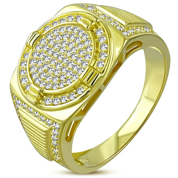 925 Sterling Silver Men's Gold-tone Micro Pave White CZ Stone Circular Signet Style Ring with Band Detail