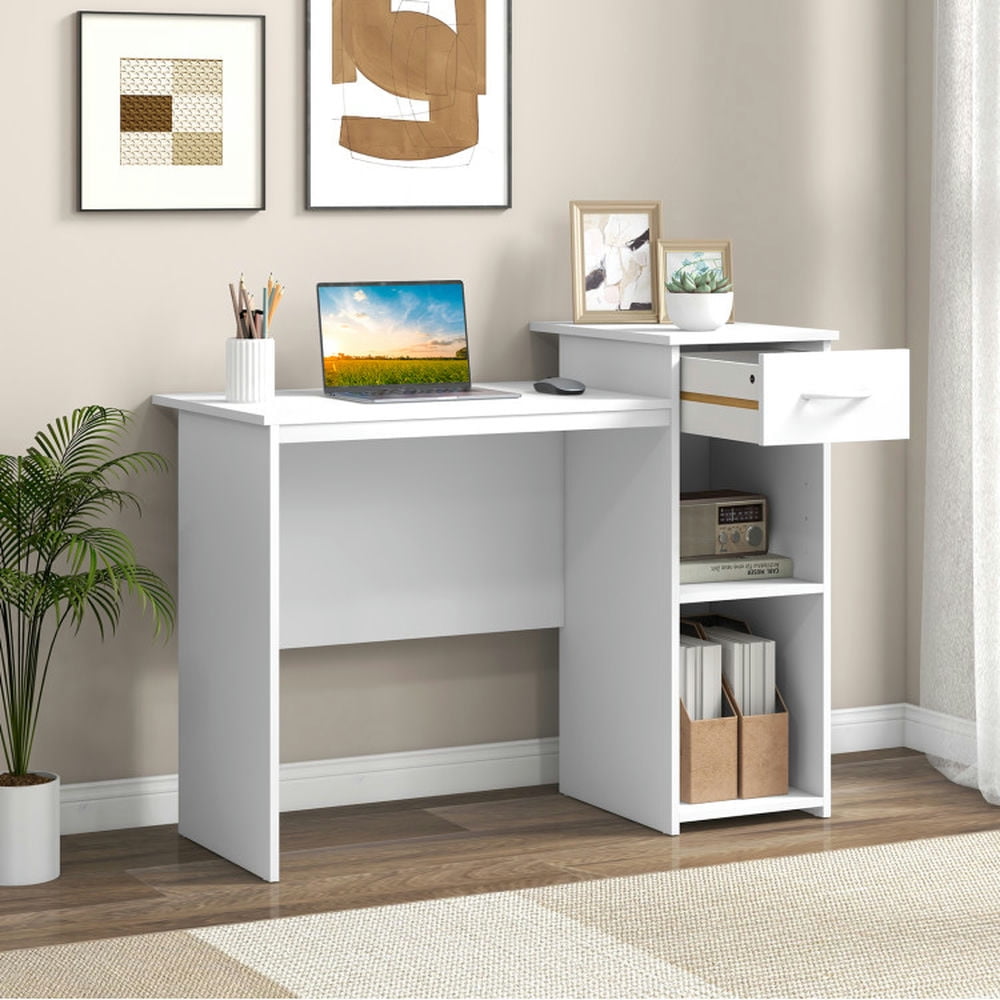 Demi Bonn Computer Desk with Drawer Modern Laptop PC Desk with Adjustable Shelf and Cable Hole, Small Home Office Desk Study Writing Table, White