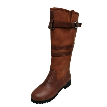 KBKYBUYZ Winter Women Vintage Buckle Strap Boots Western Cowboy Slip On Retro Ladies Footwear Shoes