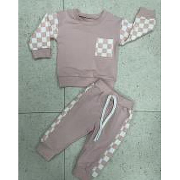 Okbabeha Baby Girl Clothes Fall Winter Outfits Long Sleeve Sweatsuit Checkboard Sweatshirt and Pants Toddler Infant Clothing
