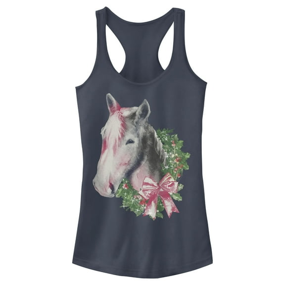 Junior's Lost Gods Christmas Wreath Horse Racerback Tank Top Indigo 2X Large