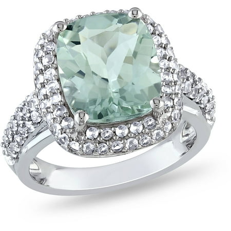 Tangelo 6 Carat T.G.W. Cushion-Cut Green Amethyst and Created White Sapphire Sterling Silver Double-Halo Cocktail Ring