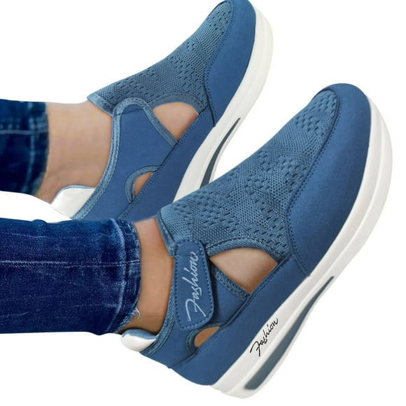 Dakaela Women's Wedge Running Shoes Breathable Platform Fashion Sneakers Cutout Casual Shoe Blue 7.5
