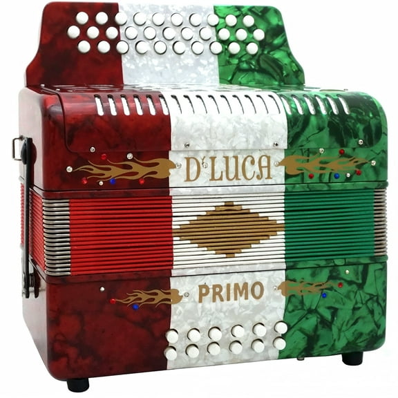 D'Luca Primo Button Accordion 31 Keys 12 Bass on GCF Key with Case and Straps, Red, White, Green