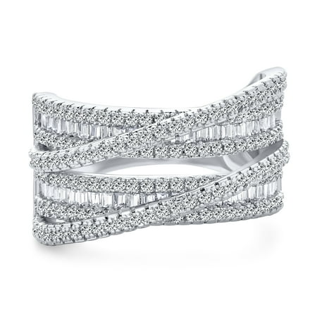 Bling Jewelry Womens Art Deco CZ Crossover Cocktail Statement Ring Silver Rhodium Plated 4 Row Baguette