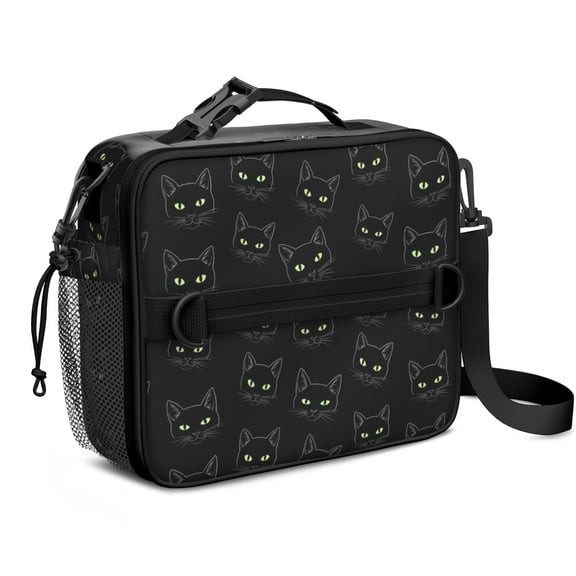 Black Cat Black Pattern Insulated Lunch Bag with Shoulder Strap and Bottle Holder,Bento School Lunch Bag Box,11x9.5x3.5 Inches