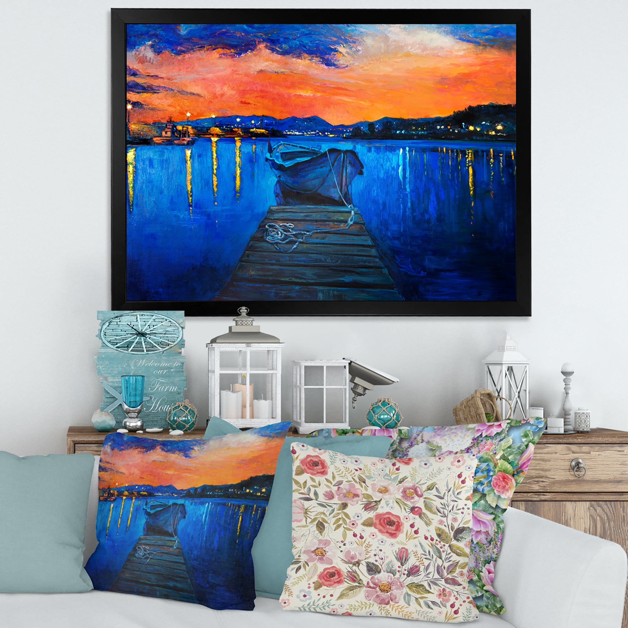 Boats During Warm Sunset Resting On The Water III 20 in x 12 in Framed Painting Canvas Art Print, by Designart