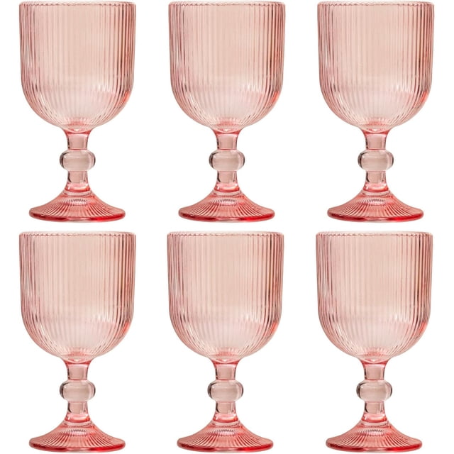 Juego de 6 copas de vino vintage rosa, copas de agua de cristal de 11 onzas de color, copas de vidrio con tallo de alta transparencia con patrón en relieve único, copas de vidrio para bodas, fiestas