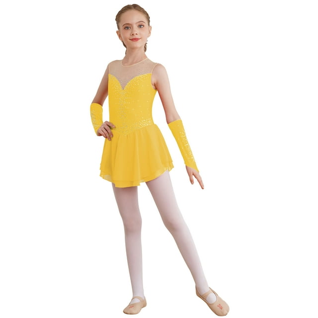 Aislor Robe de Patinage Artistique pour Fille, Robe de Danse Ballet Sans Manches en Maille avec Strass, Justaucorps de Gymnastique Rythmique avec Gants Jaune 8