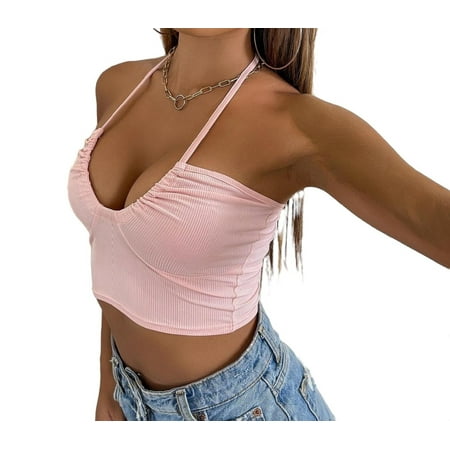 

Women s Rib Knit Crisscross Tied Backless Top Baby Pink XS
