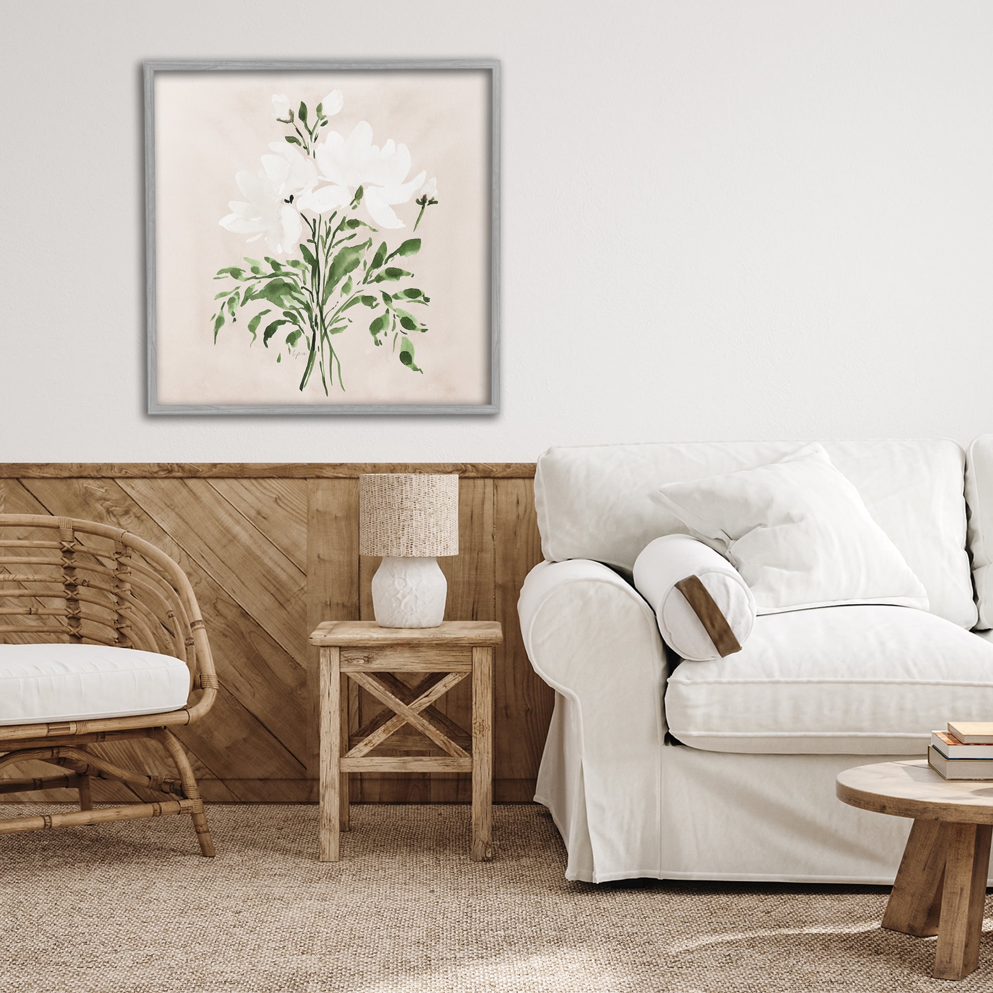 Stupell Industries White On Tan Floral Gray Framed Giclee Art, design by Lucille Price