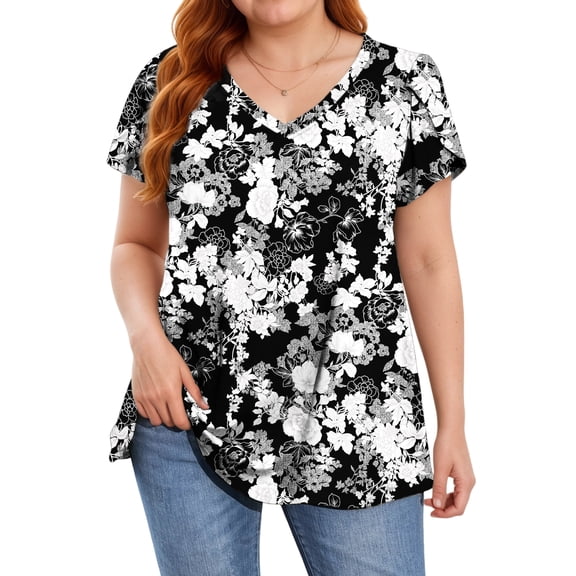 Womens Summer Blouses V Neck Loose Dressy Shirts Petal Short Sleeve Plus Size Tunic Tops