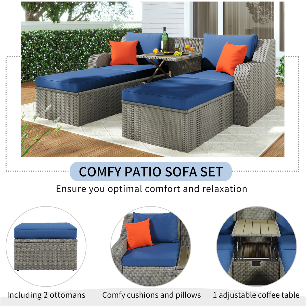 ARCTICSCORPION Patio Wicker Furniture Set,3-Piece Sectional Wicker Sofa with Cushions,Pillows,Ottomans and Lift Top Coffee Table,Outdoor Lounge Chair Conversation Set for Garden Backyard Deck,Blue - image 3 of 7