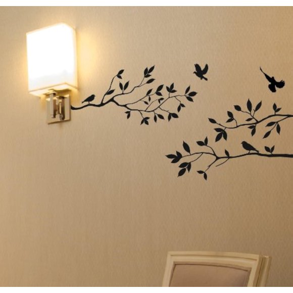 Calcomanía De Pared Con Ramas De Árbol Y Pájaros, Vinilo Adhesivo Para Guardería, Hojas De 40 Pulgadas De Ancho X 18 Pulgadas De Alto, Como Se Muestra (Negro Mate)