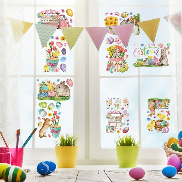 Pegatinas de Pascua para ventanas | Diseños coloridos de pollitos de conejito | Adhesivos removibles para espejos, azulejos y refrigeradores | Decoración festiva