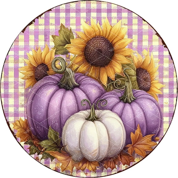 Noete 12x12 Inch Round Autumn Pumpkin Metal Tin Sign, Purple Pumpkin Thanksgiving Wall Decor for Front Porch, Living Room & Fall Home