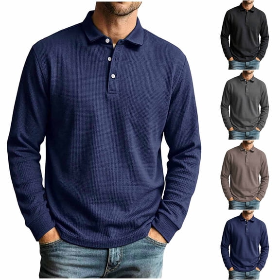 LONKITO Polo Shirts for Men Waffle Long Sleeve Pullover Shirts with Collar Button Casual Fall Clothes