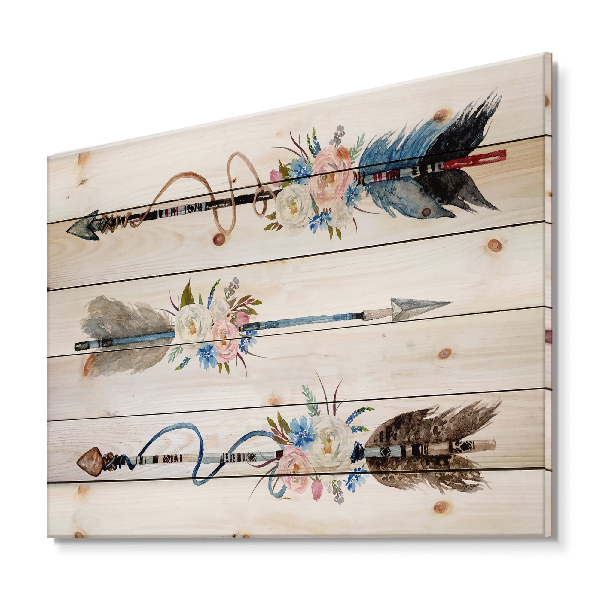 Designart 'Flowers and Ethnic Feathers On Native Arrows I' Bohemian & Eclectic Print on Natural Pine Wood