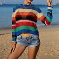 thumbnail image 2 of Women Crochet Knit See Through Tops Rainbow Stripe Long Sleeve Hollow Out Beach Cover Up, 2 of 9
