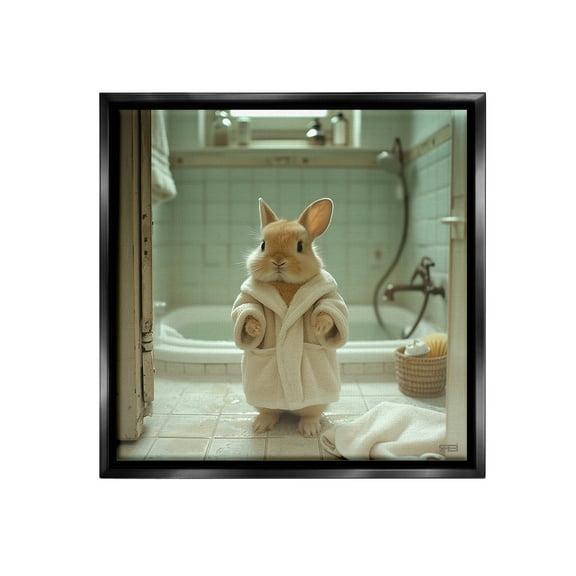 Stupell Industries Bunny in Bathrobe Animals & Insects Painting Black Floater Framed Canvas Art Print Wall Art, 18 x 18