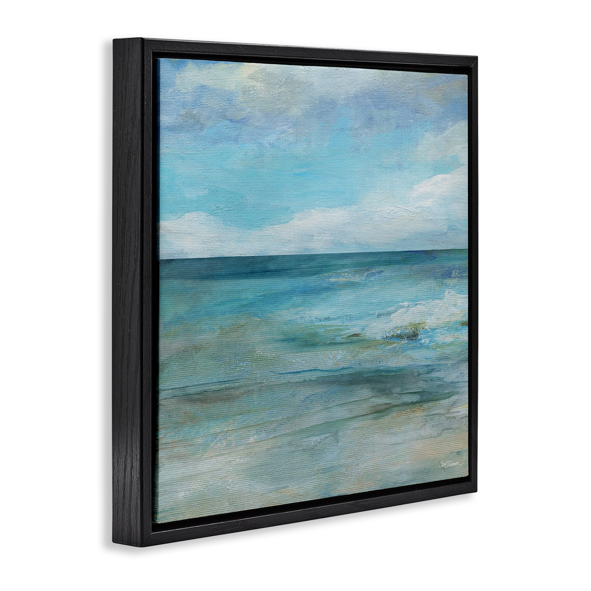 Stupell Industries Aqua Ocean Horizon Abstract Black Framed Floater Canvas Wall Art, design by Carol Robinson