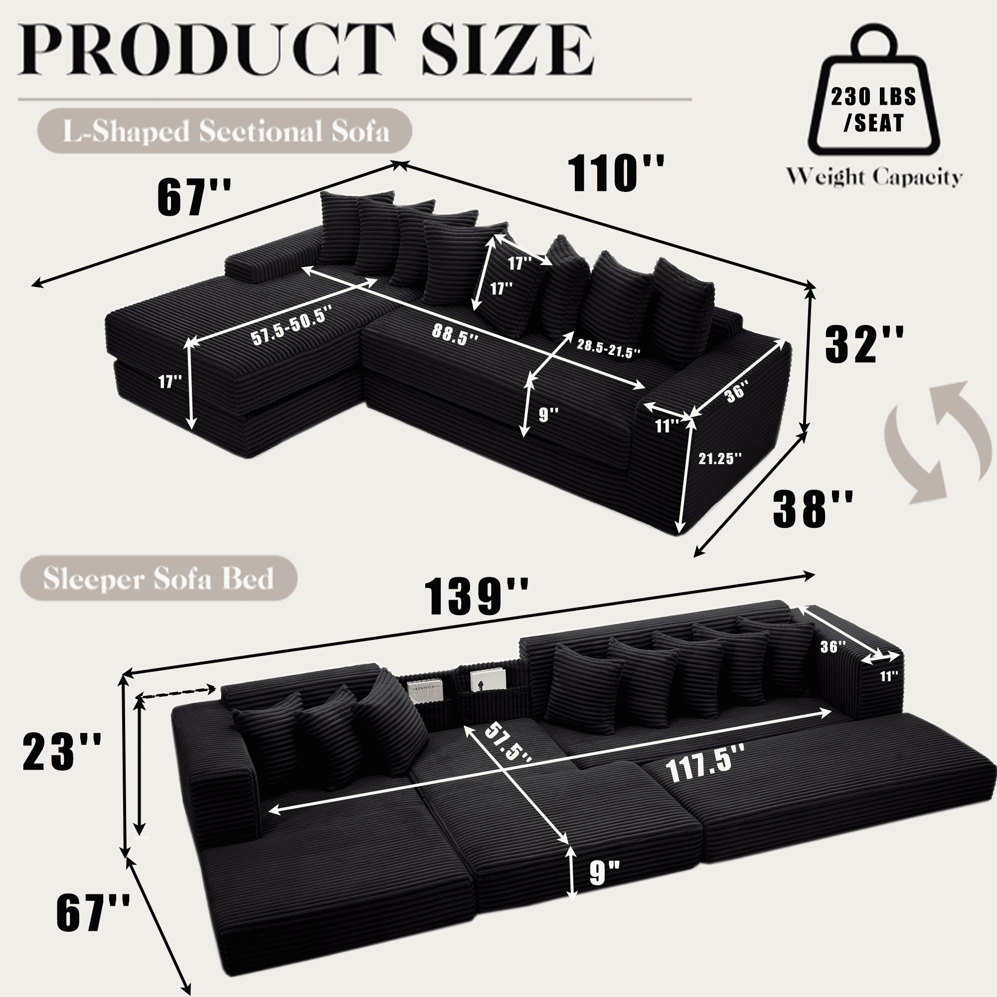 Howcool Modern L-Shaped Sectional Sleeper Sofa Oversized Cloud Couch 3-in-1 Convertible Floor Bed Corduroy with 8 Pillows