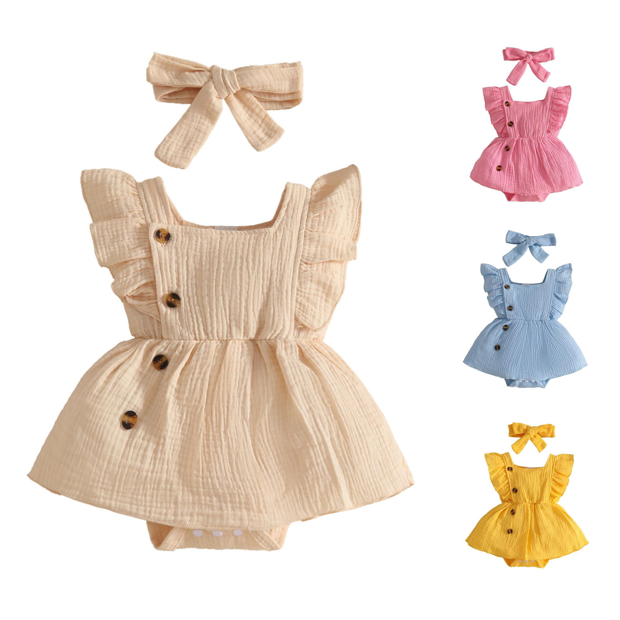 TinyBloomm Baby Two Piece Outfit Girls Girls Fly Sleeve Solid Romper Bodysuits Dress Headbands Set Size 12-18 Months