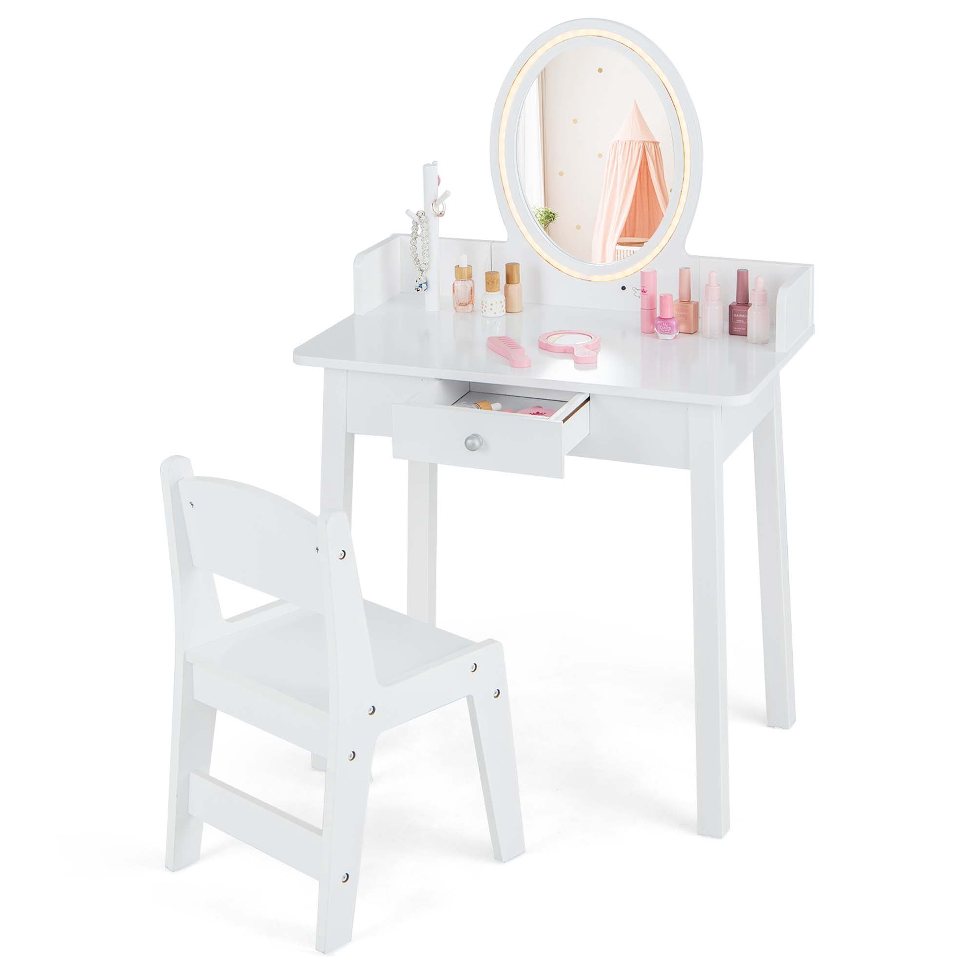 Costway Kids Vanity Set with Lighted Mirror Chair 2-Color LED Lighting for Girls Makeup White