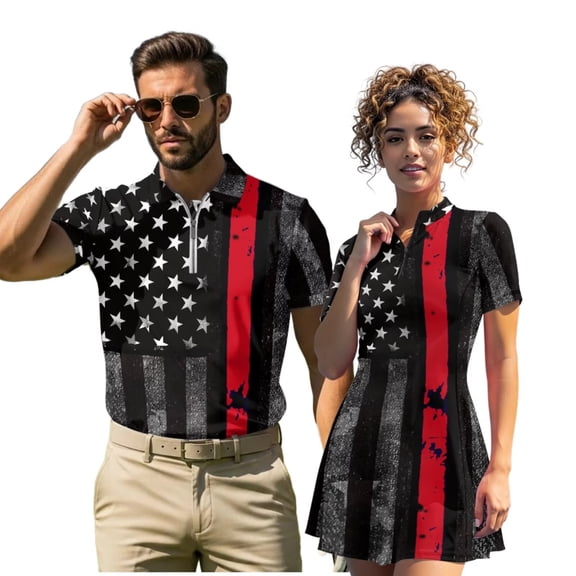 UorisanigoAmerican Flag Matching Couple Outfits Golf Shirts for Men Short Sleeve Dry Fit Casual Tennis Shirts and Womens Golf Dress with Shorts Short Sleeve Workout Athletic Dress