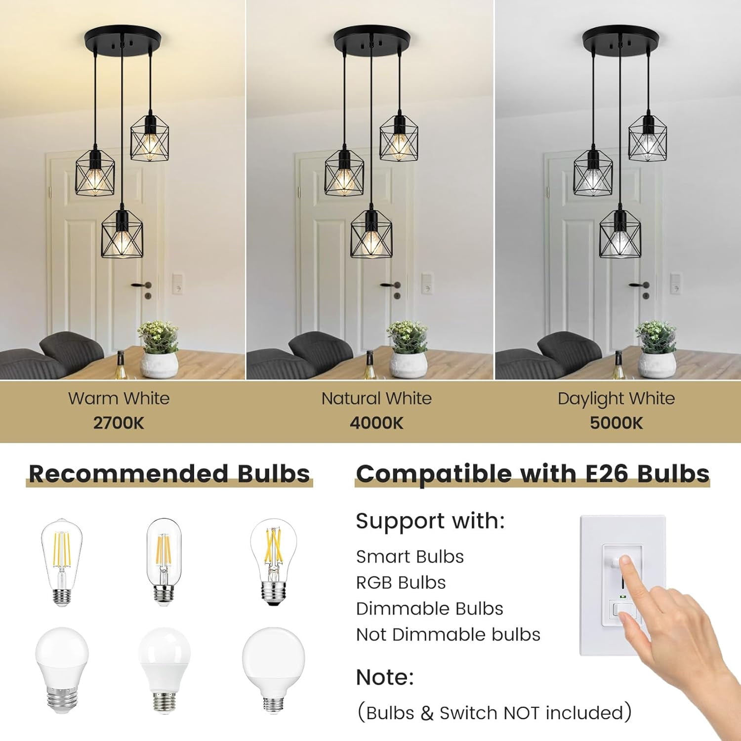 3-Light Pendant Light Fixtures, Farmhouse Hanging Pendant Lighting, Dining Room Chandelier, Industrial Kitchen Island Hanging Light Fixture, Black Metal Cage Pendant Ceiling Lamp for Kitchen