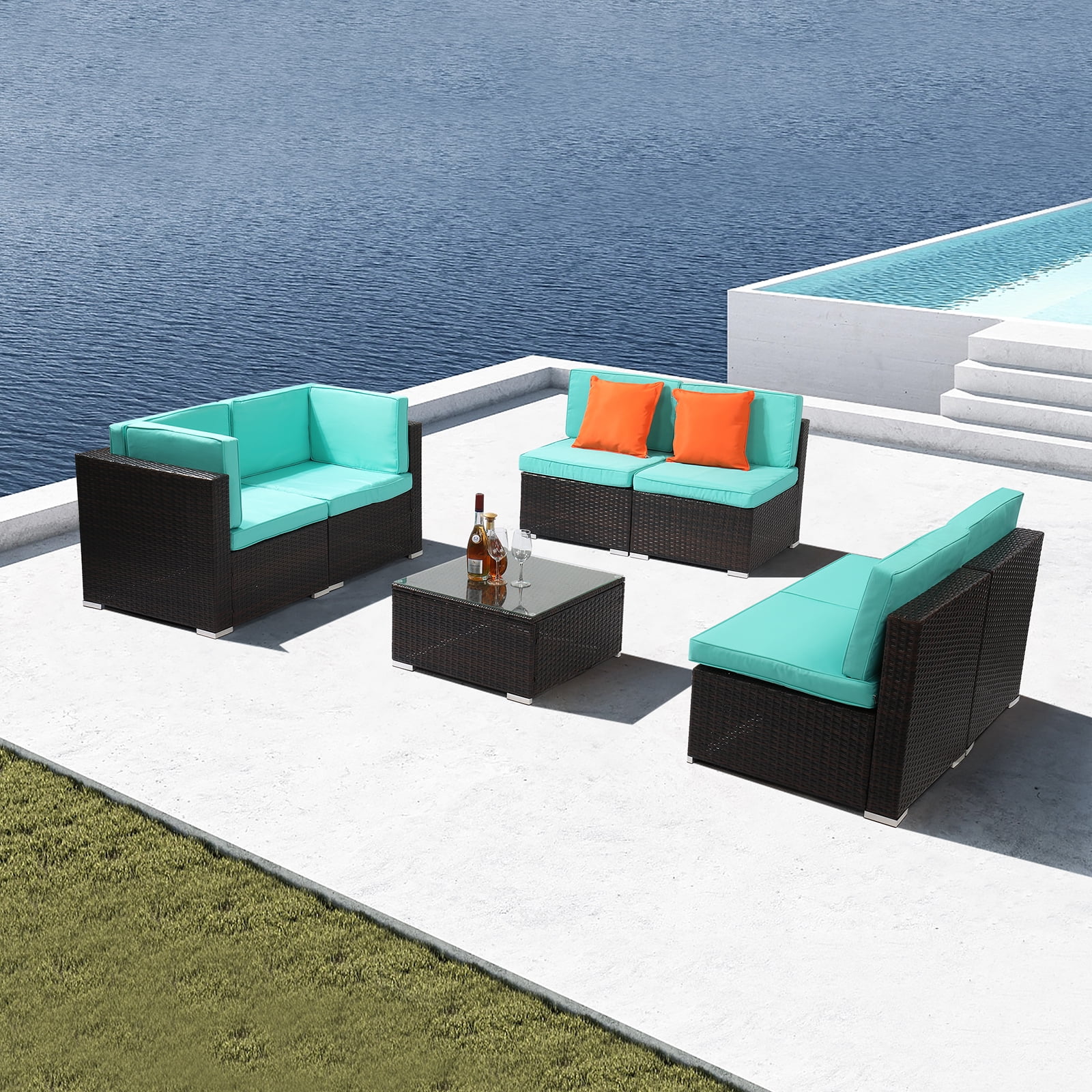 OverPatio 7Pieces Wicker Sectional Set Patio Furniture Rattan Module Sofa Set for Patio and Garden, Outdoor Sofa with Table and Lake Blue Cushion
