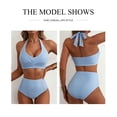 thumbnail image 5 of Eytino Women's High Waisted Bikini Set Halter V Neck Twist Front 2 Piece Swimsuit Vintage Striped Bathing Suit with Side Pocket, Sky Blue, L, 5 of 9