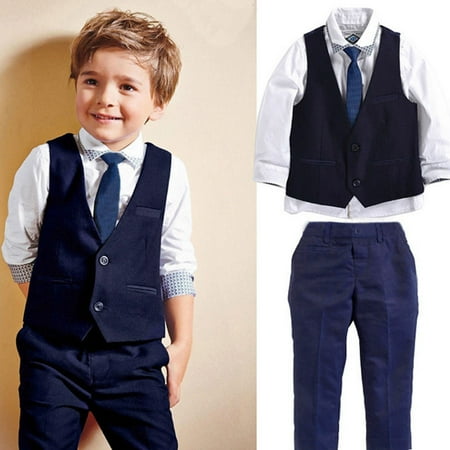 

AmShibel Baby Boy Gentleman Outfits Set 4pcs Tuxedo Waistcoat + Tie + Shirt + Pants Wedding Baptism Clothes Set