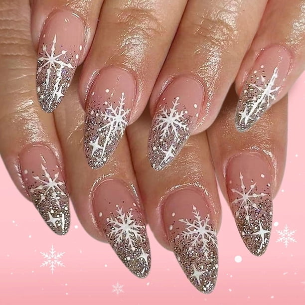 Arte de uñas navideño con purpurina francesa y copos de nieve blancos, 24 pegatinas para uñas