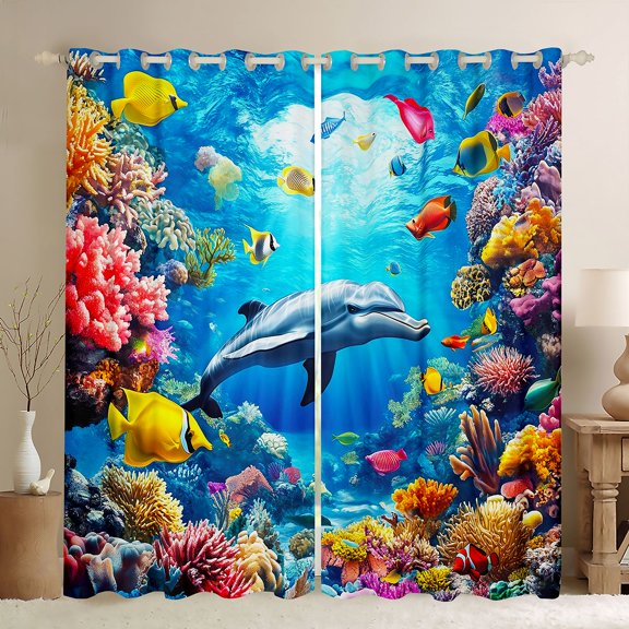 Manfei Underwater Ocean Dolphin Black Out Curtains for Kids Boys and Girls, Marine Life Print Curtains Pack of 2 (42x63 Each)
