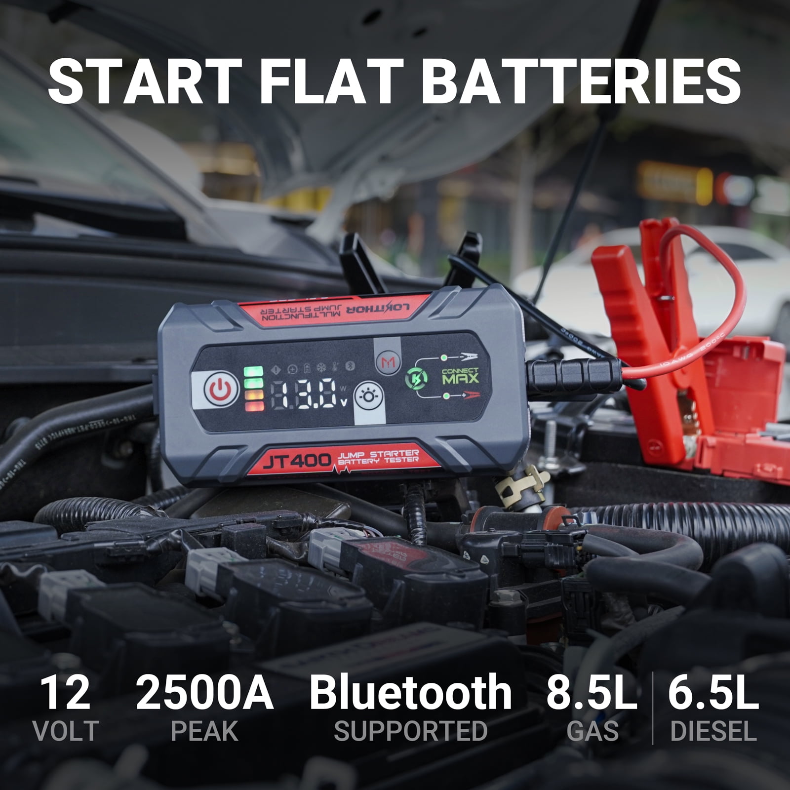 LOKITHOR JT400 Jump Starter and Battery Tester 2-in-1,2500A 12V Portable Battery Jump Starter，100-2000 CCA Load Capacity Automotive Load Tester(8.5LGas/6.5LDiesel）Engines