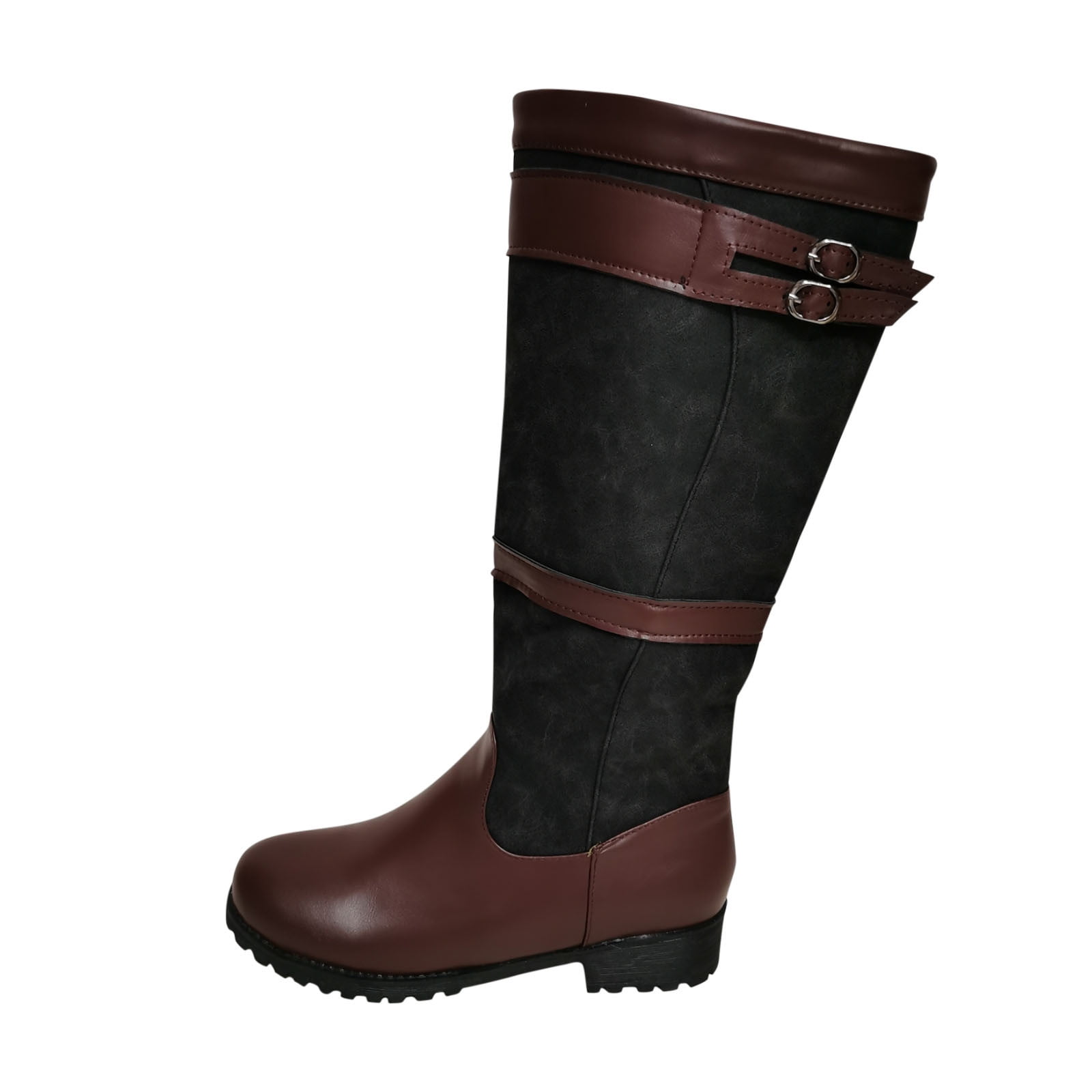 BLTIBY Western Cowboy Boots for Women Vintage Buckle Strap Round Toe Chunky Heel Slip-on Mid Calf Rain Boots Winter Comfortable Waterproof Casual Shoes Coffee 43